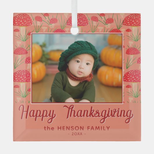 Happy Thanksgiving Red Mushroom Herfst Foto Glas Ornament (Voorkant)