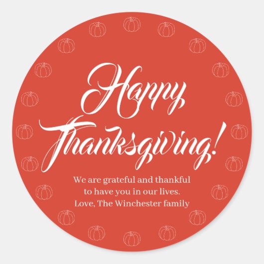 Happy Thanksgiving rode scripttekst schattige pomp Ronde Sticker (Voorkant)
