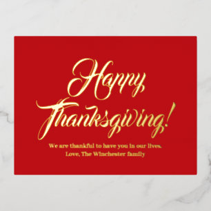 Happy Thanksgiving rood aangepast script elegant Folie Feestdagen Briefkaart