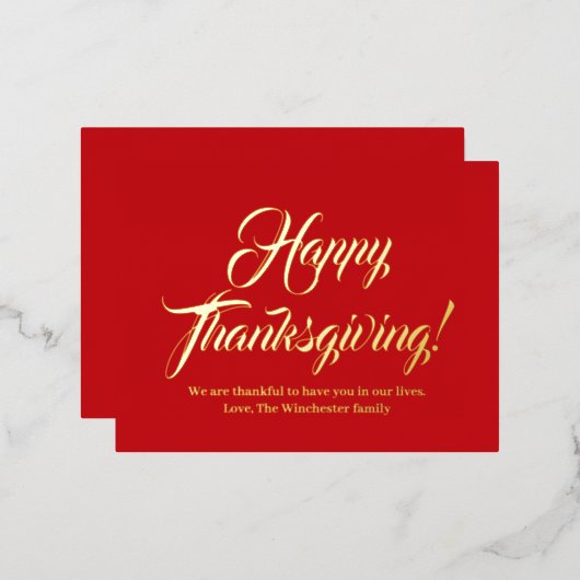 Happy Thanksgiving rood aangepast script elegant Folie Feestdagen Briefkaart (Voorkant / Achterkant)