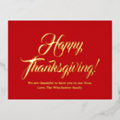 Happy Thanksgiving rood aangepast script elegant Folie Feestdagen Briefkaart (Voorkant)