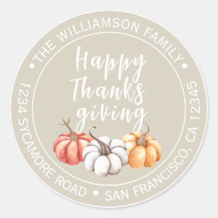 Happy Thanksgiving Sand Beige Naam Return Adres Ronde Sticker