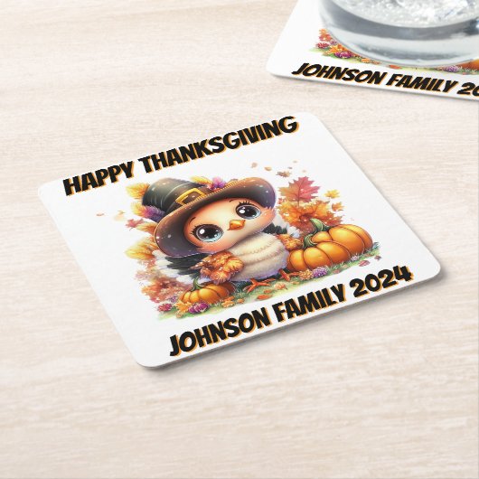 Happy Thanksgiving Schattige Baby Turkije Kartonnen Onderzetters (Schuin)