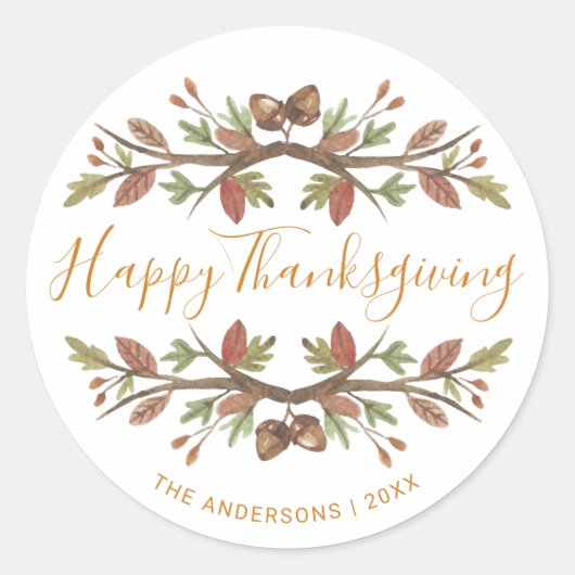 HAPPY THANKSGIVING SCHATTIGEE WATERVERF HERFST GEB RONDE STICKER (Voorkant)