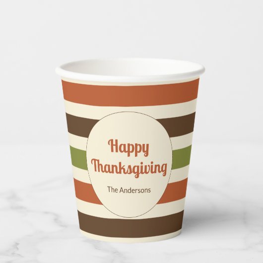 Happy Thanksgiving Script Herfst Kleuren Strepen Papieren Bekers (Voorkant)