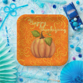 Happy Thanksgiving Sinaasappel en Yellow Swirls Sq Papieren Bordje (Feest)