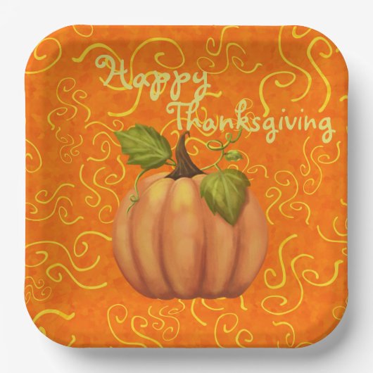 Happy Thanksgiving Sinaasappel en Yellow Swirls Sq Papieren Bordje (Voorkant)