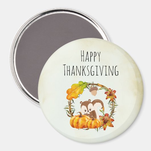 Happy Thanksgiving Squirrel in Floral Wreate Herfs Magneet (Voorkant / Achterkant)
