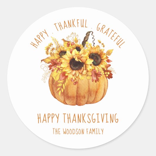 Happy Thanksgiving Sunflower Pumpkin Ronde Sticker (Voorkant)