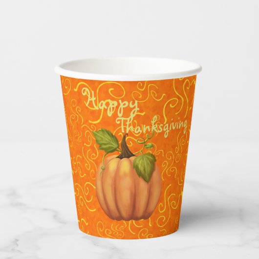 Happy Thanksgiving Swirl Sinaasappel Geel Papieren Bekers (Voorkant)