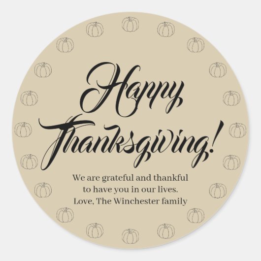 Happy Thanksgiving tan pumpkins aangepaste script  Ronde Sticker (Voorkant)