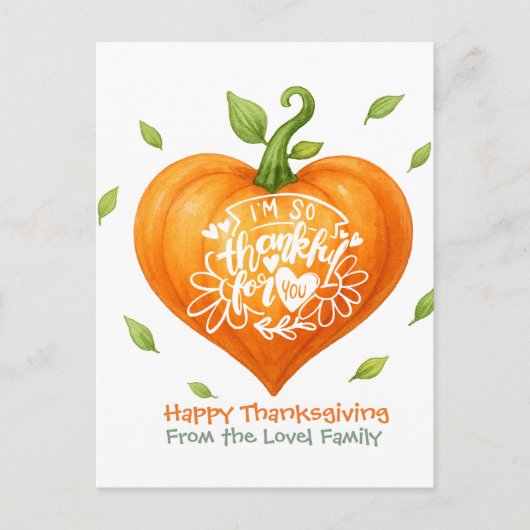 Happy Thanksgiving Thankful Heart Pumpkin  Briefkaart (Voorkant)