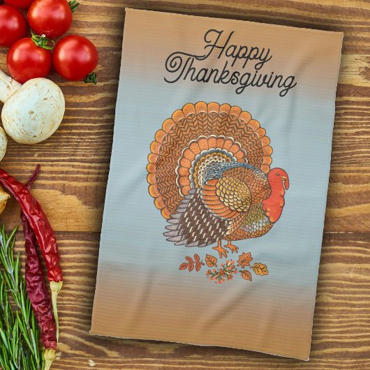 Happy Thanksgiving Turkey fanned Tail Orange Blue Theedoek