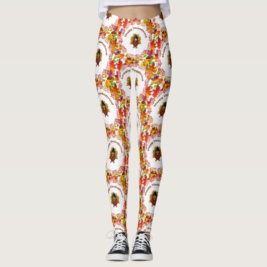 Happy Thanksgiving Turkey omsingelde Fall Leaves Leggings (Voorkant)