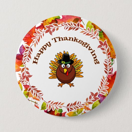 Happy Thanksgiving Turkey omsingelde Fall Leaves Ronde Button 7,6 Cm (Voorkant)