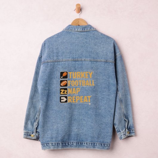 Happy Thanksgiving Turkije Football Nap Repeat Fun Denim Jacket (Hangar)