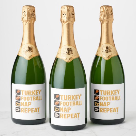 Happy Thanksgiving Turkije Football Nap Repeat Fun Sparkling Wijnetiket (Flessen)