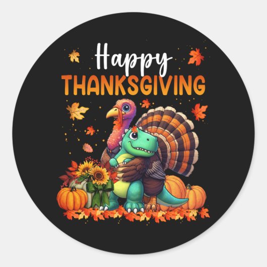 Happy Thanksgiving Turkije knuffelen Dinosaur Vrie Ronde Sticker (Voorkant)