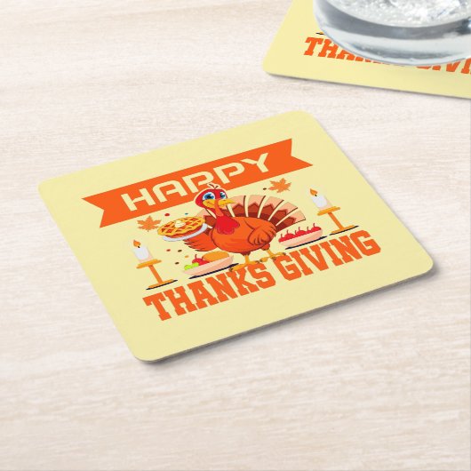Happy Thanksgiving Turkije met Pie Kartonnen Onderzetters (Schuin)