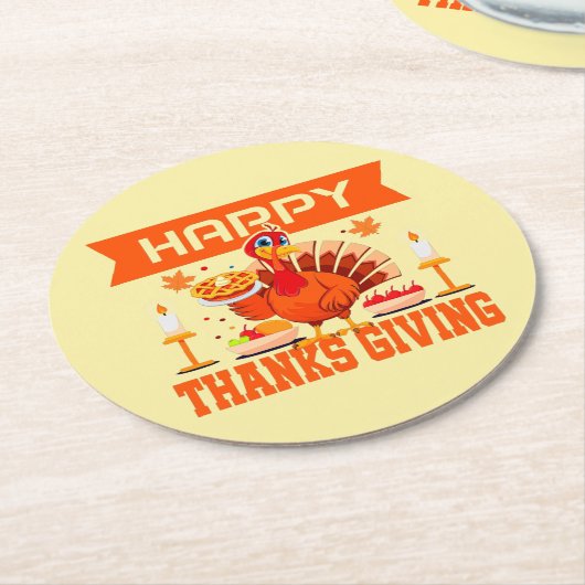 Happy Thanksgiving Turkije met Pie Ronde Kartonnen Onderzetter (Gebogen)