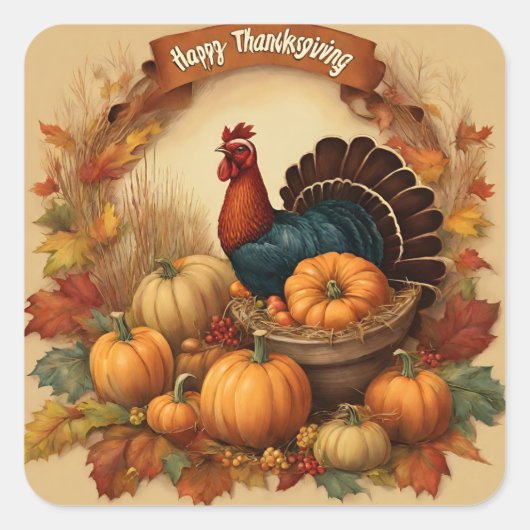 Happy Thanksgiving  Turkije met Pompoenen Vierkante Sticker (Voorkant)
