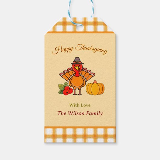 Happy Thanksgiving Turkije Pompoen Geel Sinaasappe Cadeaulabel (Voorkant)