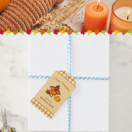 Happy Thanksgiving Turkije Pompoen Geel Sinaasappe Cadeaulabel