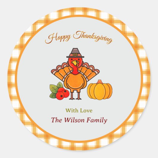 Happy Thanksgiving Turkije Pompoen Geel Sinaasappe Ronde Sticker (Voorkant)