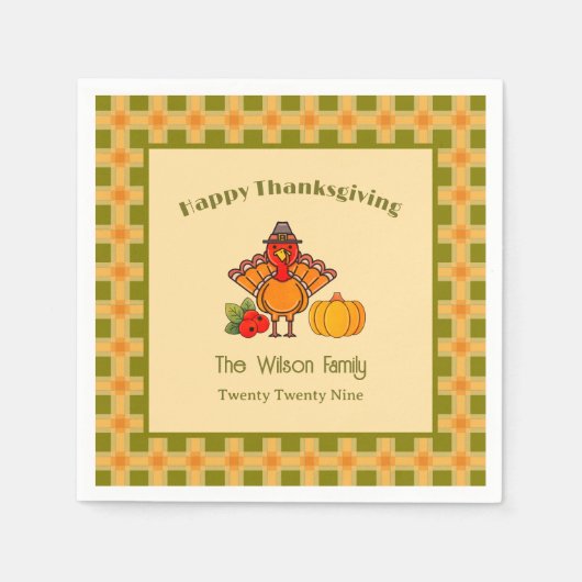 Happy Thanksgiving Turkije Pompoen Gingham Patroon Servet (Voorkant)