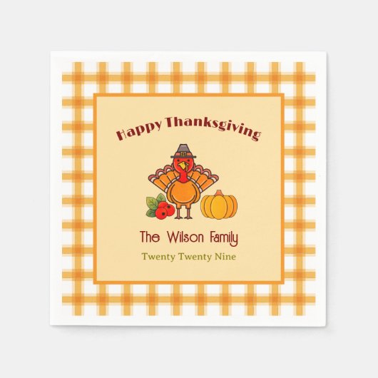 Happy Thanksgiving Turkije Pompoen Gingham Patroon Servet (Voorkant)