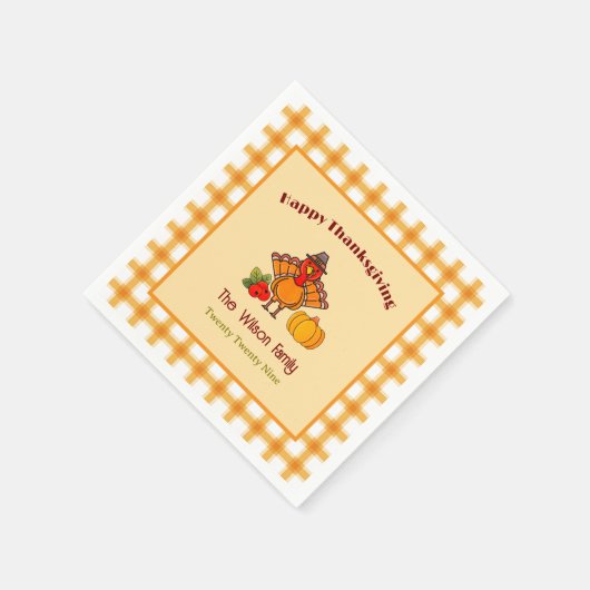 Happy Thanksgiving Turkije Pompoen Gingham Patroon Servet (Hoek)