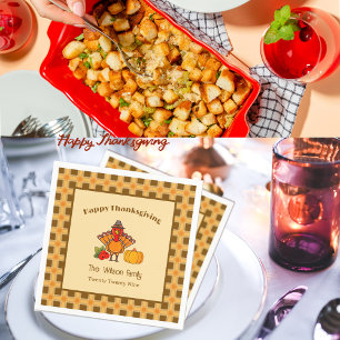 Happy Thanksgiving Turkije Pompoen Gingham Patroon Servet