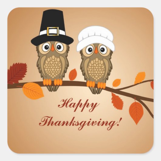 Happy Thanksgiving Twee Schattige Uilen Vierkante Sticker (Voorkant)