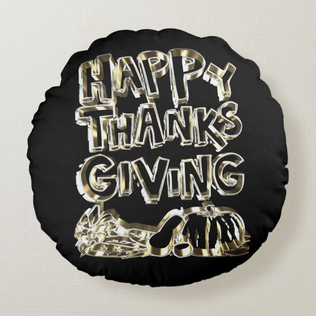 Happy Thanksgiving Typography Gold Harvest Pumpkin Rond Kussen (Voorkant)