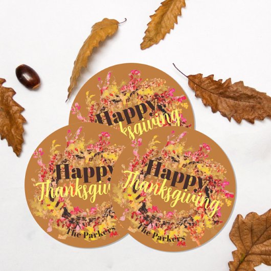 Happy Thanksgiving Waterverf Fall Leaves Wreater Ronde Sticker