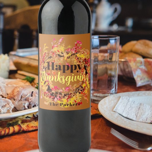 Happy Thanksgiving Waterverf Fall Leaves Wreater Wijn Etiket