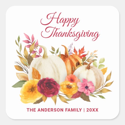HAPPY THANKSGIVING WATERVERF FLORAL PUMPKIN PATCH VIERKANTE STICKER (Voorkant)
