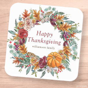 Happy Thanksgiving Waterverf Herfst Pumpkin Wreath Vierkante Sticker