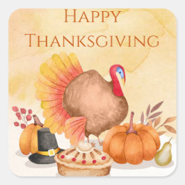 Happy thanksgiving waterverf kalkoenpompoenen vierkante sticker
