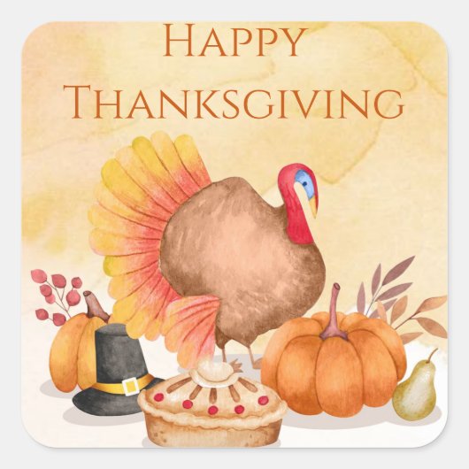 Happy thanksgiving waterverf kalkoenpompoenen vierkante sticker (Voorkant)