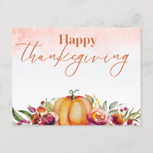 Happy Thanksgiving Waterverf Pompoen en Bloemen Feestdagenkaart