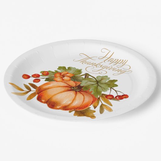 Happy Thanksgiving Waterverf Pumpkin en Berries Papieren Bordje (Gekanteld)