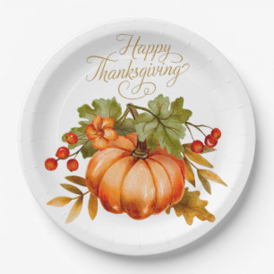 Happy Thanksgiving Waterverf Pumpkin en Berries Papieren Bordje