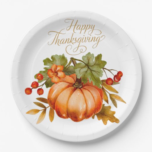 Happy Thanksgiving Waterverf Pumpkin en Berries Papieren Bordje (Voorkant)