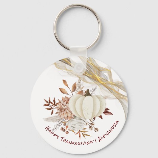 Happy Thanksgiving Waterverf Pumpkin Golden Ribon Sleutelhanger (Voorkant)