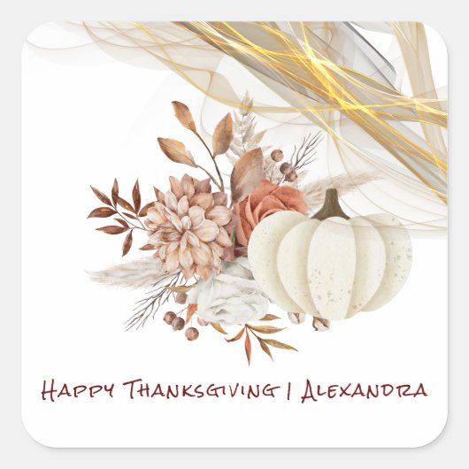 Happy Thanksgiving Waterverf Pumpkin Golden Ribon Vierkante Sticker (Voorkant)