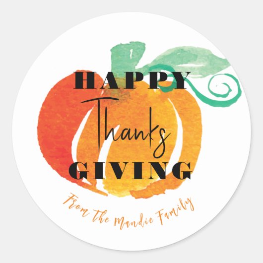 Happy Thanksgiving Waterverf Pumpkin Hand Painted Ronde Sticker (Voorkant)