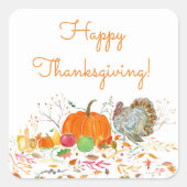 Happy Thanksgiving Waterverf Pumpkin & Turkey Vierkante Sticker (Voorkant)