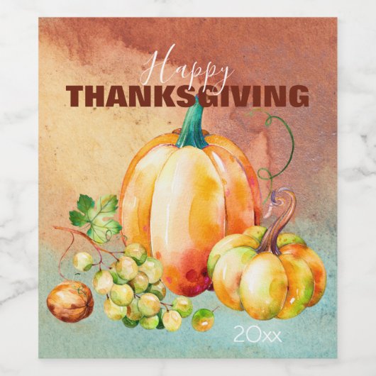 Happy Thanksgiving Waterverf Pumpkin Wine Label Wijn Etiket (Enkel label)