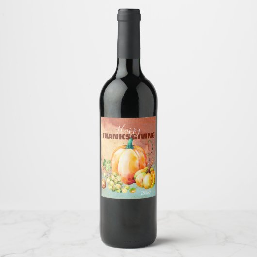 Happy Thanksgiving Waterverf Pumpkin Wine Label Wijn Etiket (Voorkant)